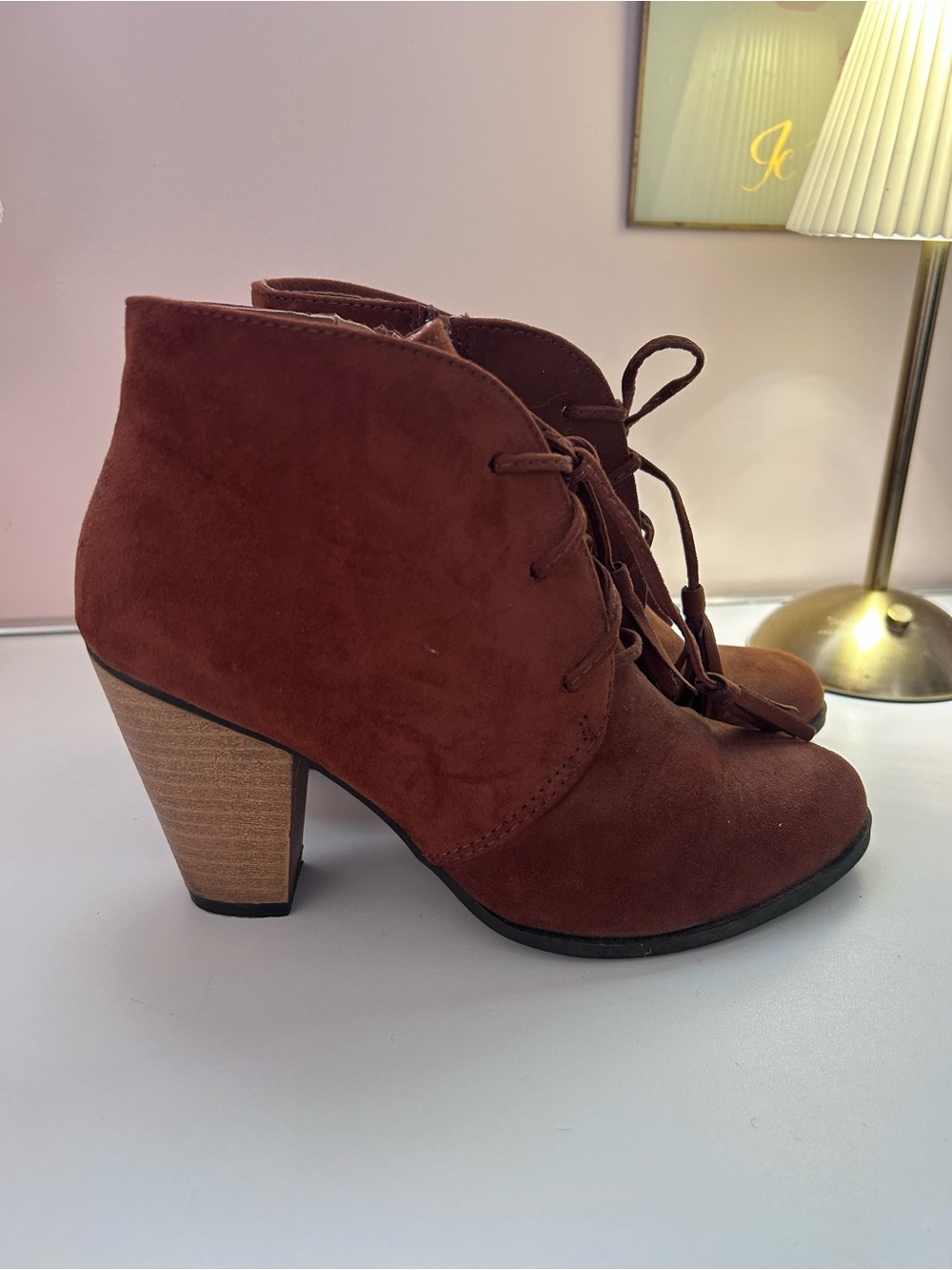Qupid Faux Suede Lace-Up Ankle Boots with Stacked Block Heel – Size 7
